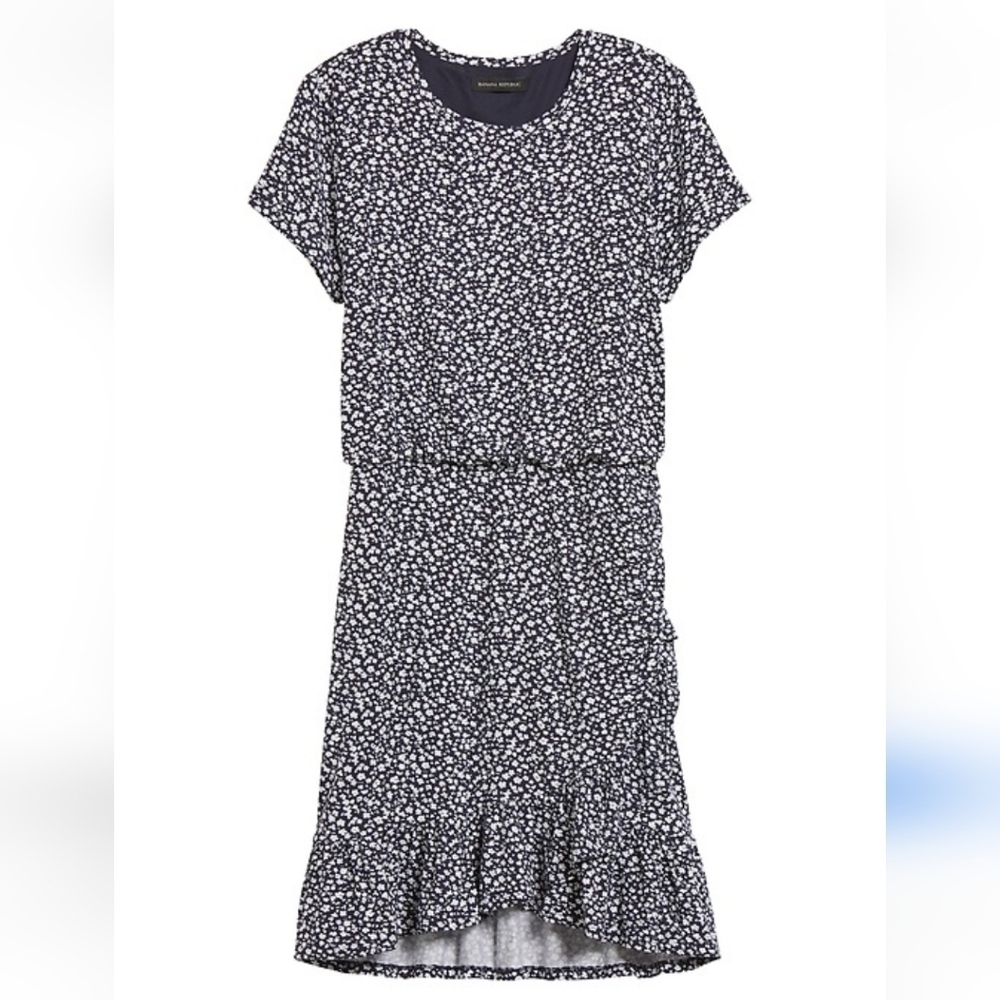 Banana Republic Flounce Hem Teeshirt Dress, Midi Navy Floral Dress Sz XS